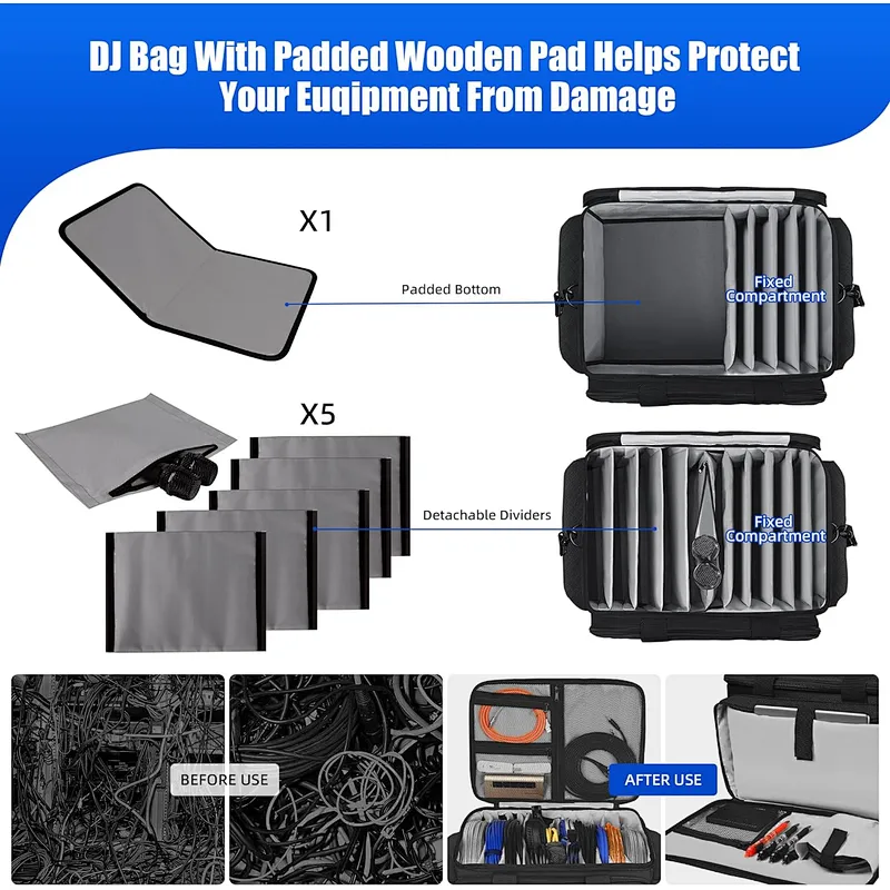 HOMFU DJ Cable File Bag Large Capacity DJ Cable Bag with Inner Detachable Divider and Padded DJ Gig Gear Bag Music Bag for Musician Accessories Travels Business Outdoor Grey